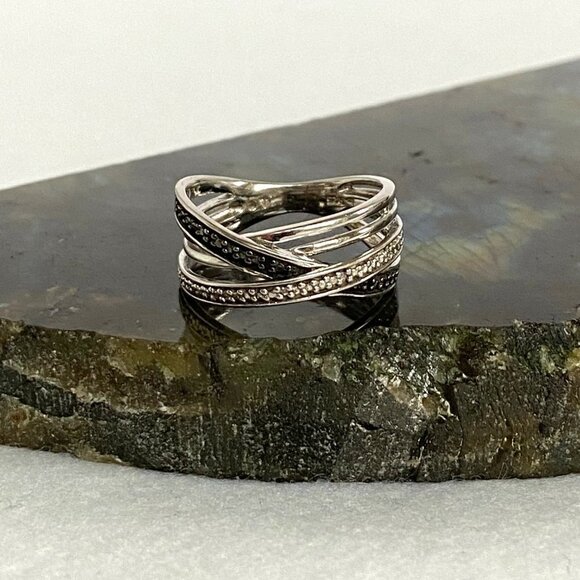 Sterling Silver 925 Black White Diamond Crossover Multi Band Ring Sz 6.5 - Picture 11 of 16
